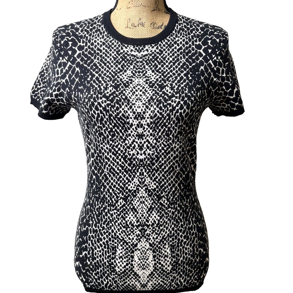 Manoush Women's Blake & White Snake Print Knit Short Sleeve Sweater Top Sz L